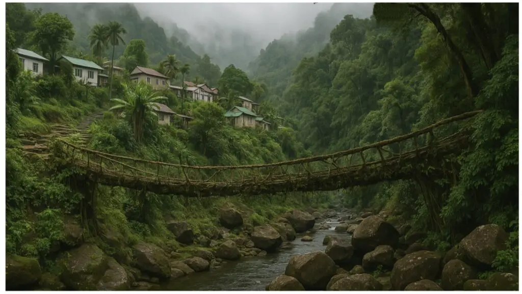 Monsoon view of Mawlynnong village with living root bridge, Meghalaya 2025, India's Hidden Monsoon Gems